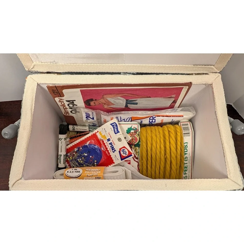 Fabric Sewing Basket Box Aqua Gray Damask Padded Lid Handle Craft Storage Notion